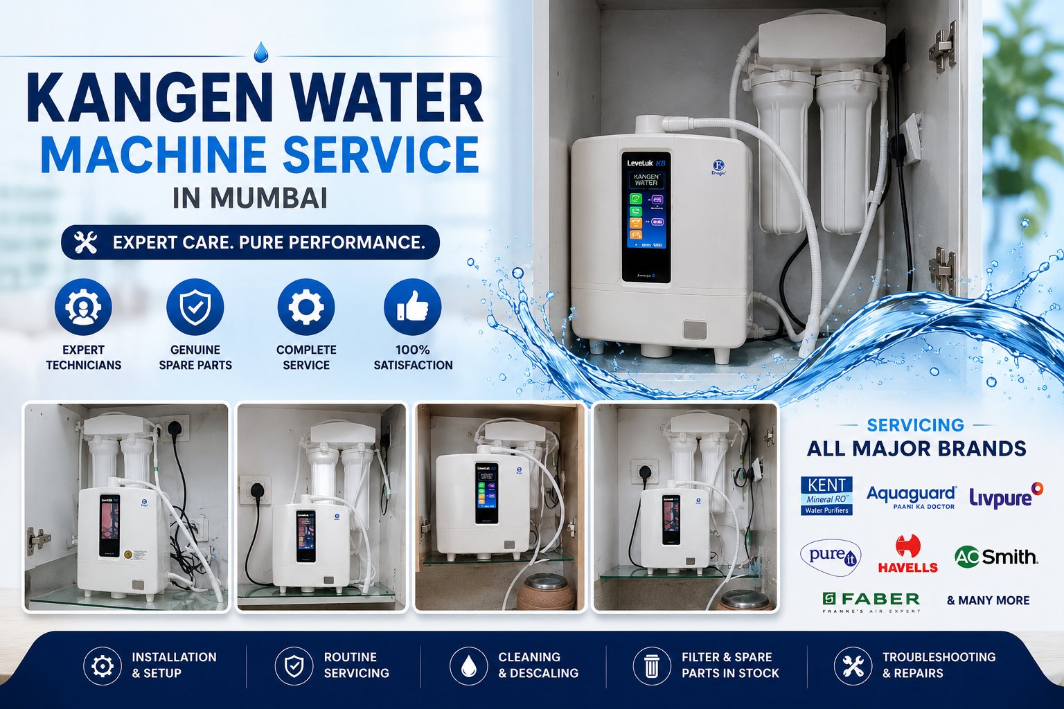 Kangen water machine service in Mumbai — expert technicians, genuine spare parts, complete service. Photographs of four Kangen LeveLuk ionizer machines installed and serviced in kitchen cabinets, alongside the brands serviced: Kent, Aquaguard, Livpure, Pureit, Havells, AO Smith and Faber. Services shown: installation and setup, routine servicing, cleaning and descaling, filter and spare parts in stock, troubleshooting and repairs.