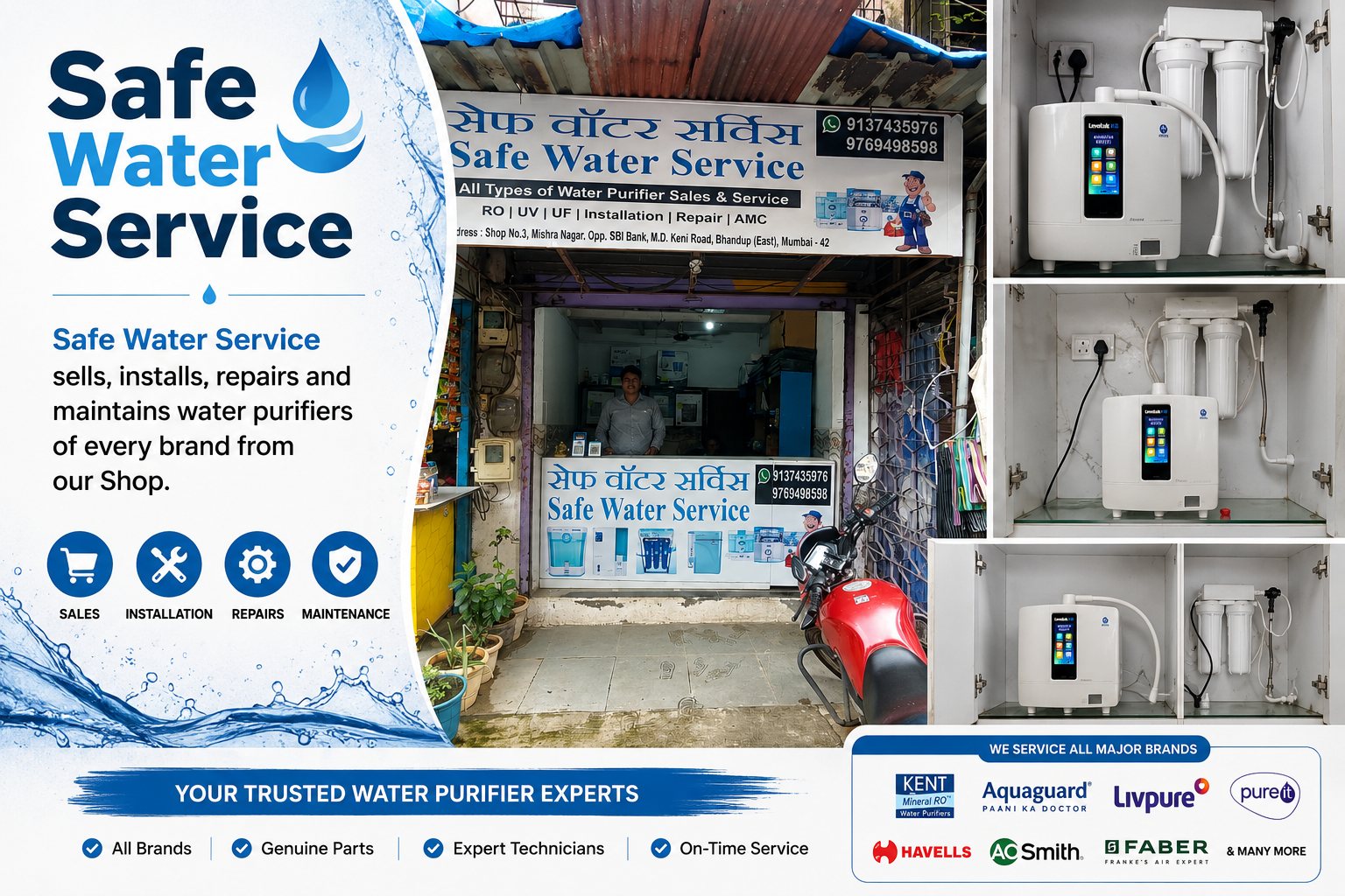 The Safe Water Service shop at Shop No. 3, Mishra Nagar, opposite SBI Bank on M. D. Keni Road, Bhandup East, with its signboard listing RO, UV, UF, installation, repair and AMC work, shown alongside water ionizer and RO purifier units fitted under kitchen counters